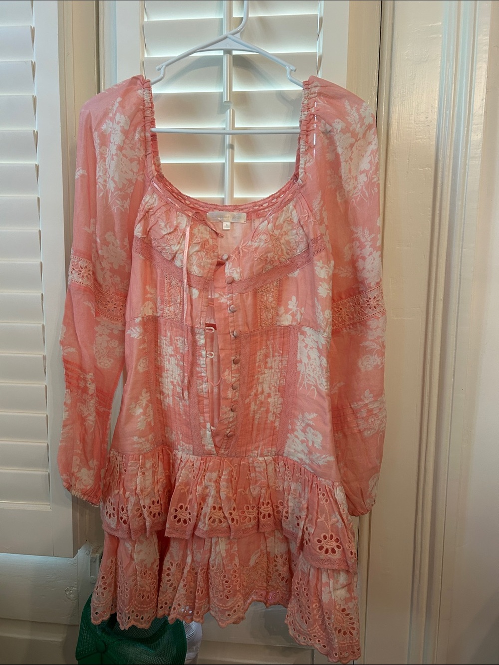 LoveShackFancy Pink Floral Lace-Trim Mini Dress